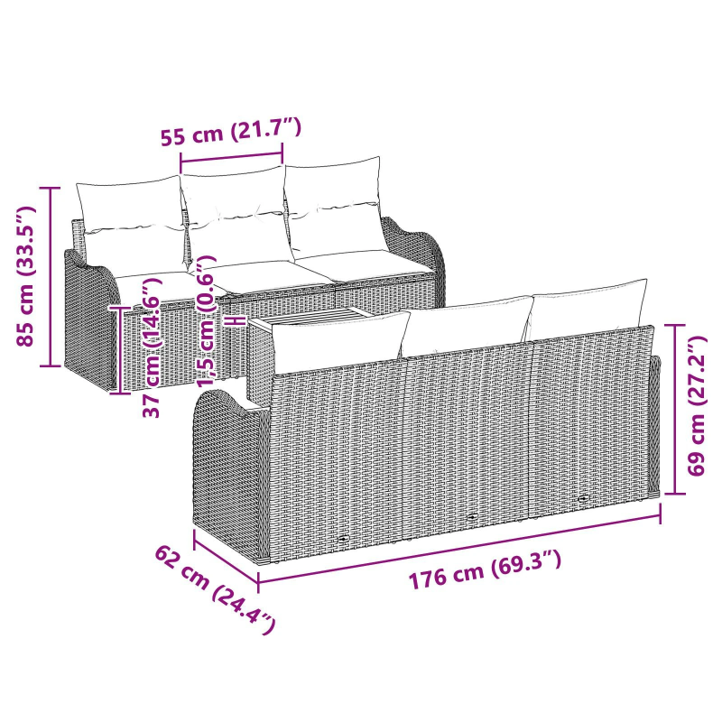 vidaXL Dārza dīvānu komplekts ar spilvenu 7 pcs Melna poliratāns