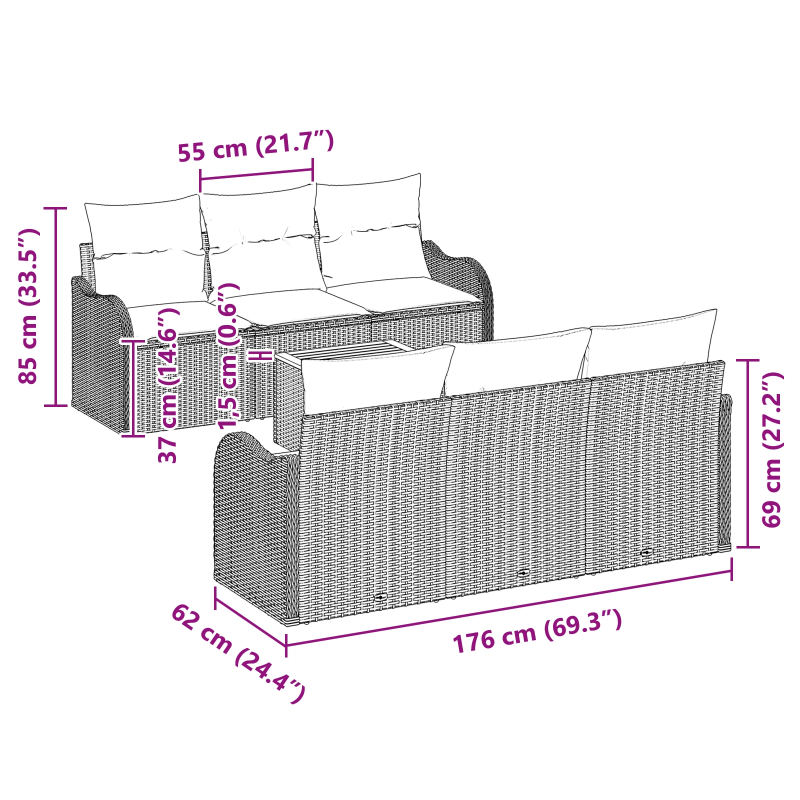 vidaXL Dārza dīvānu komplekts ar spilvenu 7 pcs Melna poliratāns