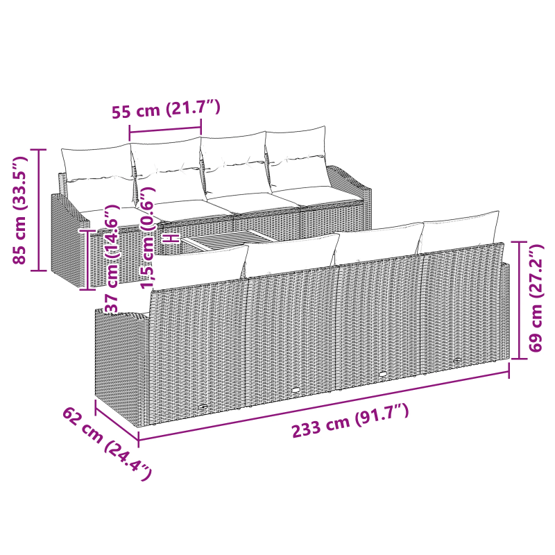 vidaXL Dārza dīvānu komplekts ar spilvenu 9 pcs Pelēka poliratāns