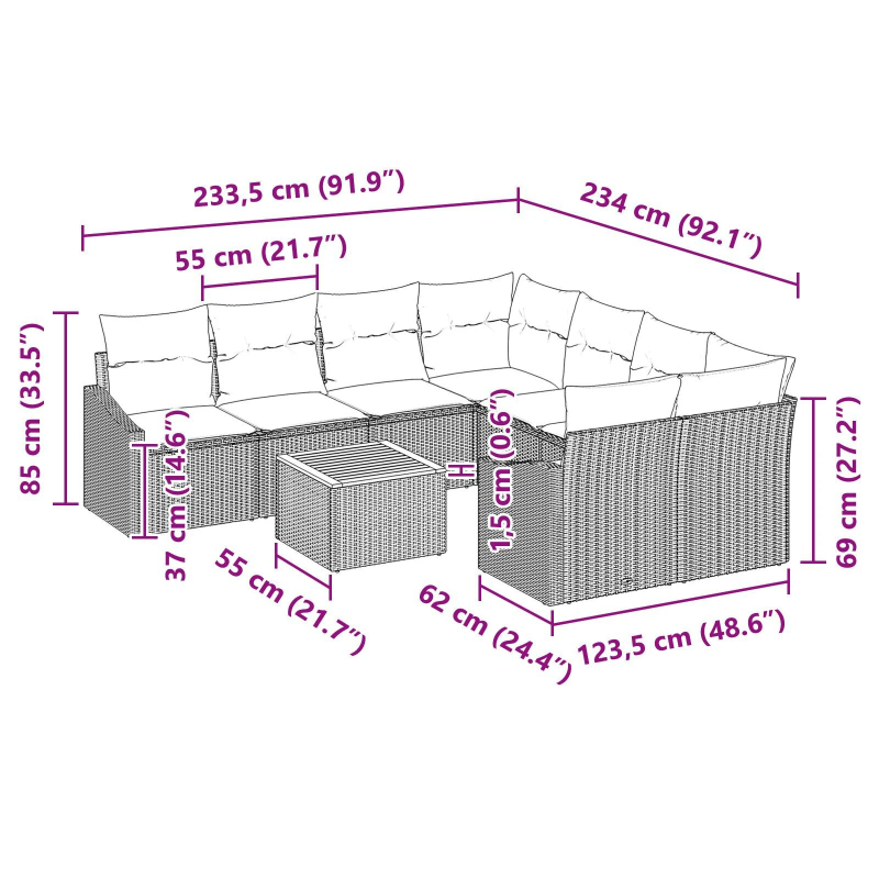 vidaXL Dārza dīvānu komplekts ar spilvenu 9 pcs Bēša poliratāns