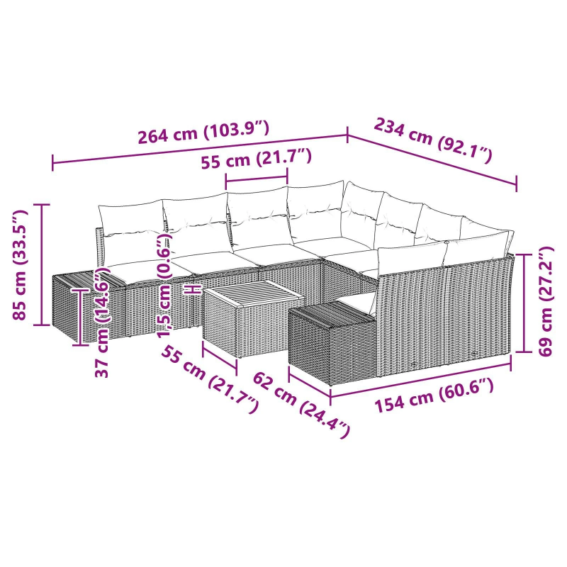 vidaXL Dārza dīvānu komplekts ar spilvenu 9 pcs Melna poliratāns