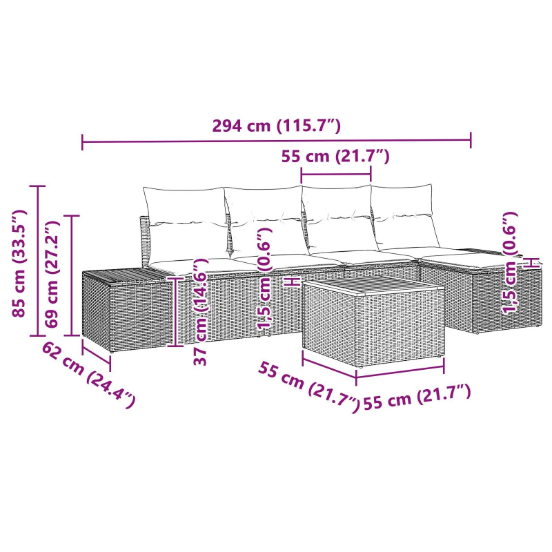 vidaXL Dārza dīvānu komplekts 6 pcs Melna Poliūtu rotangpalma