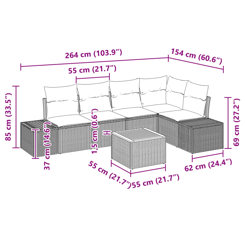 vidaXL Dārza dīvānu komplekts ar spilvenu 6 pcs Melna poliratāns