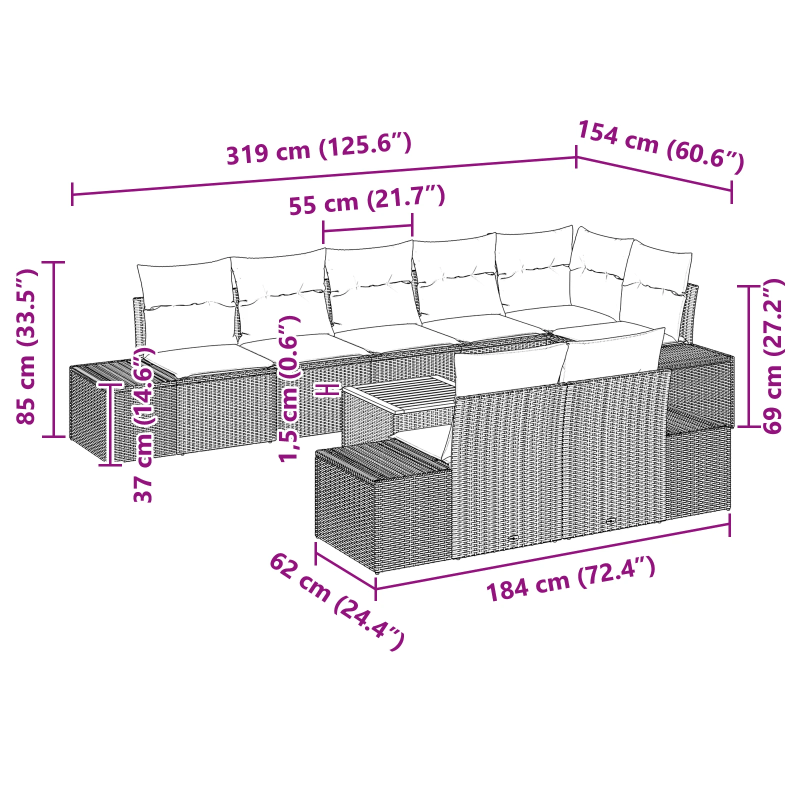 vidaXL Dārza dīvānu komplekts 9 pcs Melna Poliūtu rotangpalma