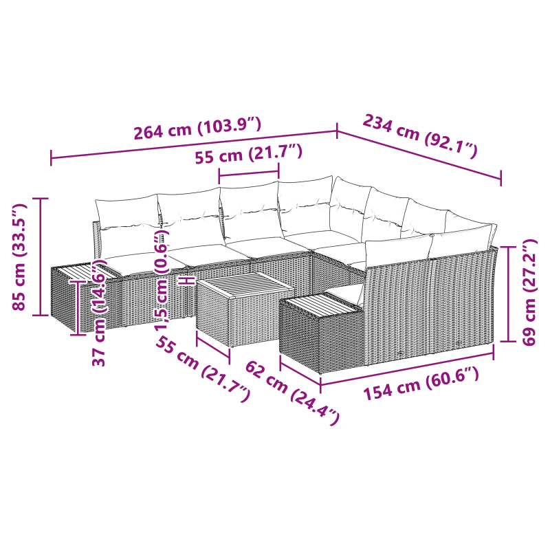 vidaXL Dārza dīvānu komplekts 9 pcs Pelēka Poliūtu rotangpalma