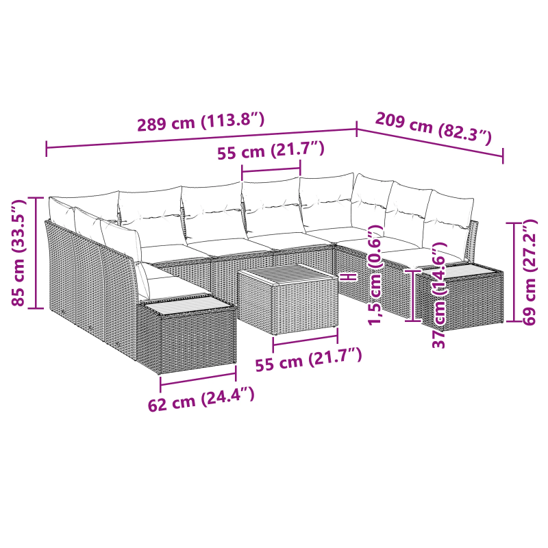 vidaXL Dārza dīvānu komplekts 10 pcs Melna Poliūtu rotangpalma