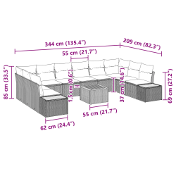 vidaXL Dārza dīvānu komplekts 11 pcs Melna Poliūtu rotangpalma