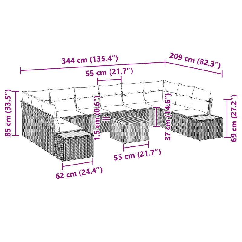 vidaXL Dārza dīvānu komplekts 11 pcs Bēša Poliūtu rotangpalma