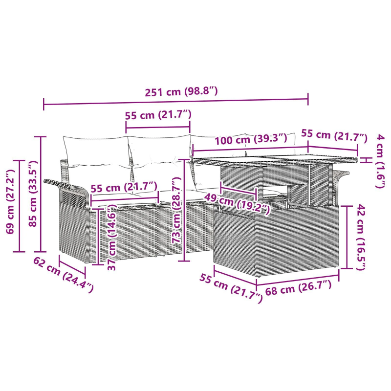 vidaXL Dārza dīvānu komplekts ar spilvenu 5 pcs Brūna poliratāns