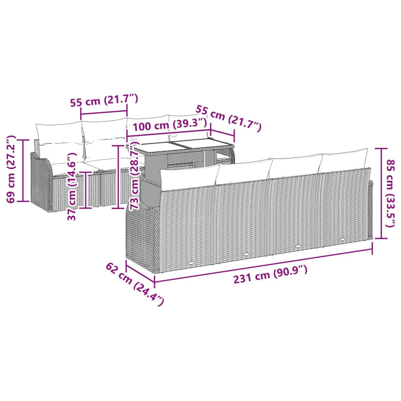 vidaXL Dārza dīvānu komplekts ar spilvenu 7 pcs Melna poliratāns
