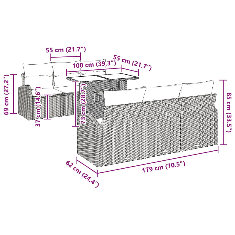 vidaXL Dārza dīvānu komplekts 7 pcs Gaiši pelēka Poliūtu rotangpalma