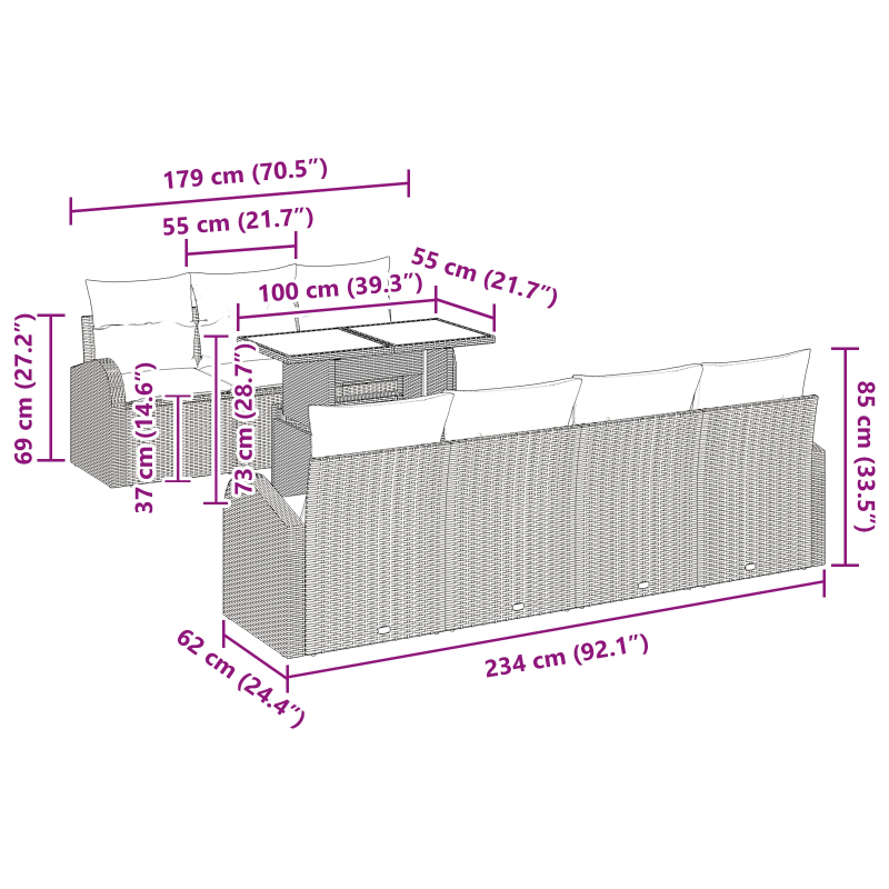vidaXL Dārza dīvānu komplekts 8 pcs Bēša Poliūtu rotangpalma