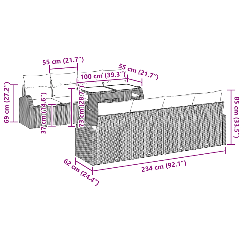 vidaXL Dārza dīvānu komplekts 7 pcs Melna Poliūtu rotangpalma