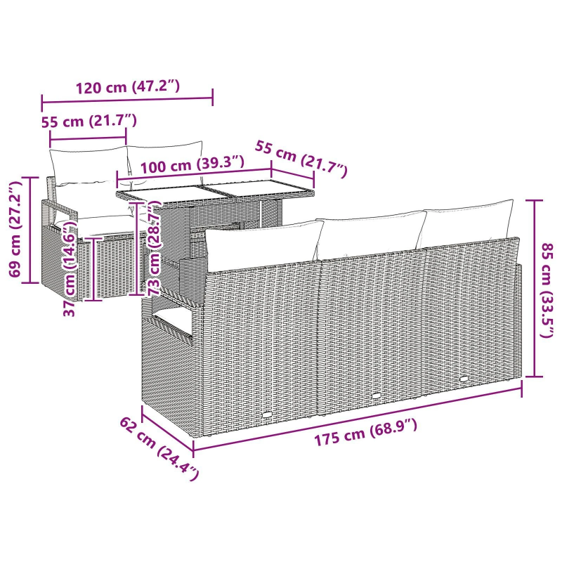 vidaXL Dīvānu komplekts ar spilvenu 6 pcs Pelēka poliratāns