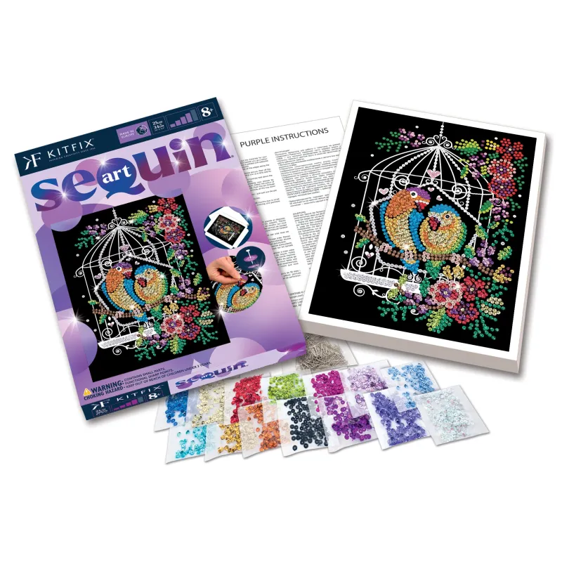 KITFIX DIY „Sequin Art“ violetinis rinkinys „Paukščiai narvelyje“