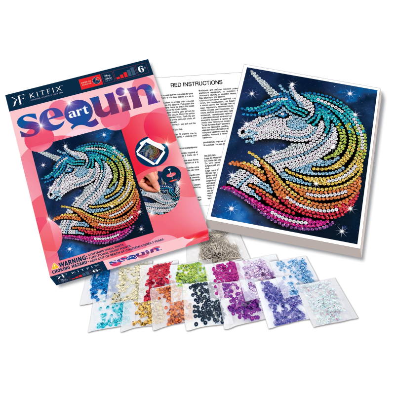 KITFIX Amatniecības komplekts Sequin Art Red spīdumiņu māksla, Vienradzis ar zvaigznītēm