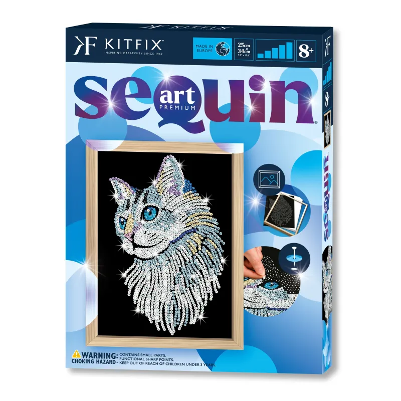KITFIX Amatniecības komplekts Sequin Art Blue Premium spīdumiņu māksla, Balts kaķis
