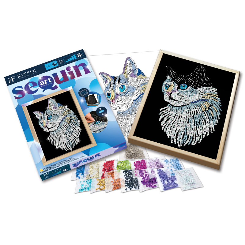 KITFIX Amatniecības komplekts Sequin Art Blue Premium spīdumiņu māksla, Balts kaķis