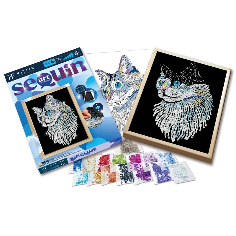 KITFIX Amatniecības komplekts Sequin Art Blue Premium spīdumiņu māksla, Balts kaķis
