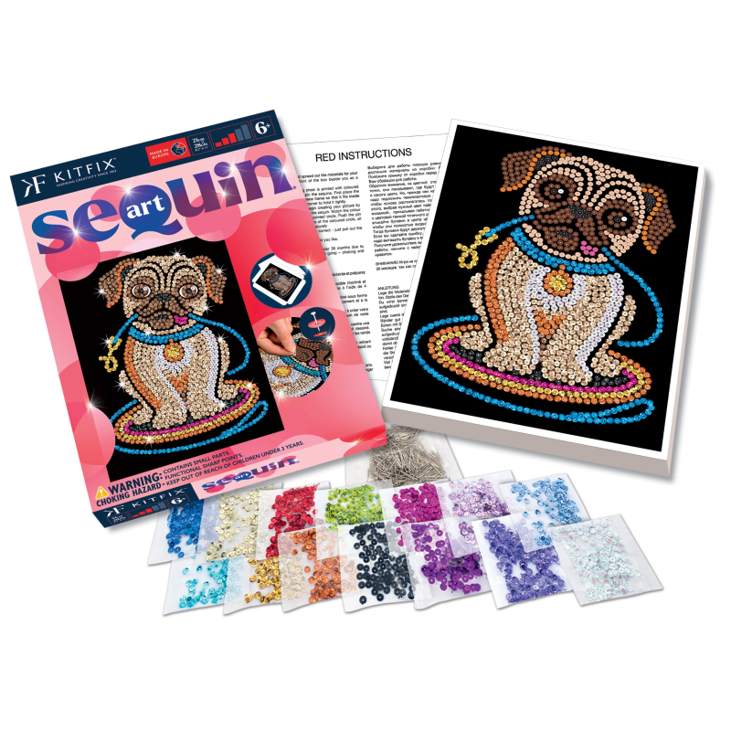 KITFIX Amatniecības komplekts Sequin Art Red spīdumiņu māksla, Mopsīte Lilija