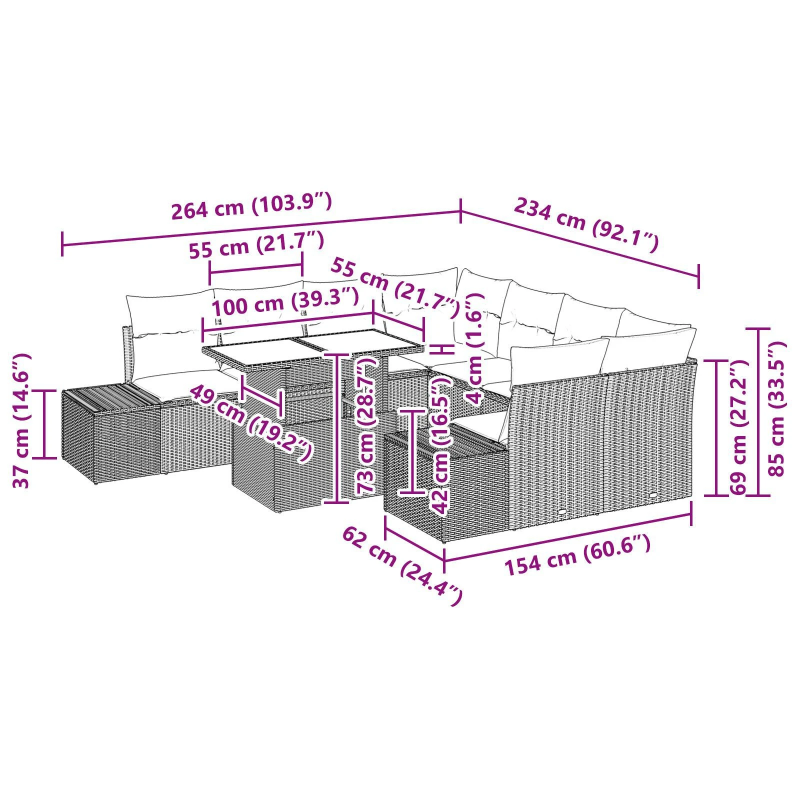 vidaXL Dārza dīvānu komplekts 9 pcs Melns un Krēmkrāsa poliratāns