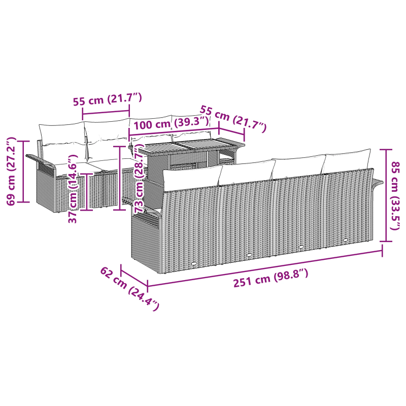 vidaXL Dārza dīvānu komplekts ar spilvenu 7 pcs Pelēka