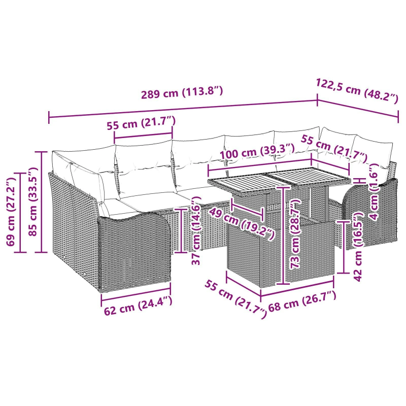 vidaXL Dārza dīvānu komplekts ar spilvenu 8 pcs Melna poliratāns