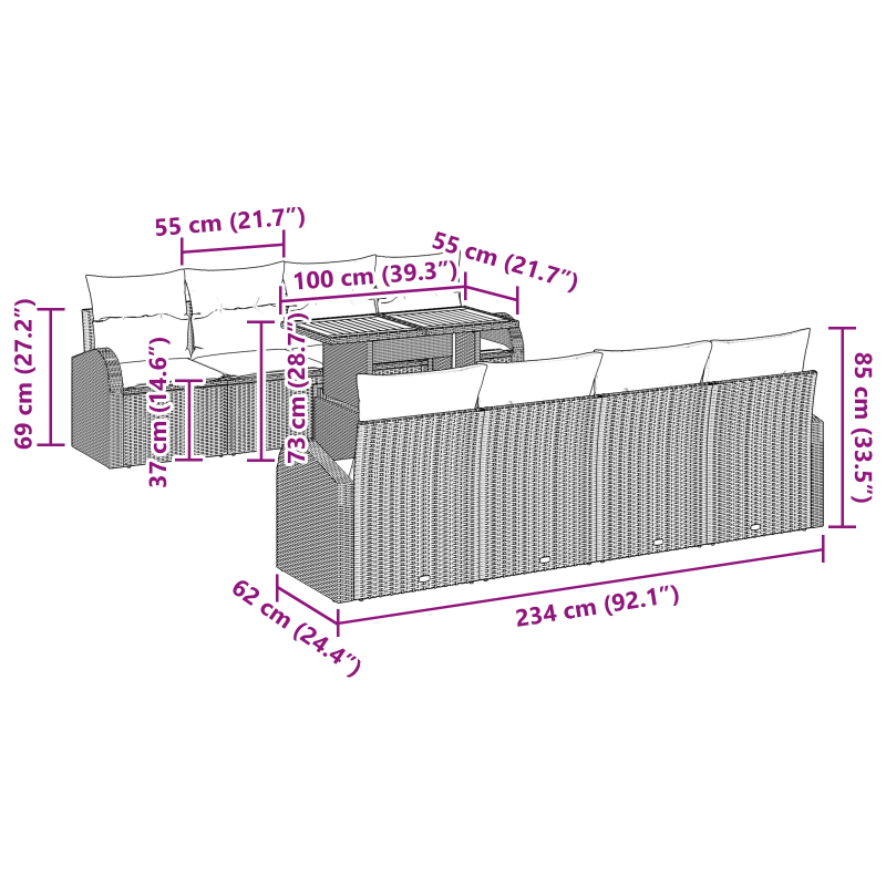 vidaXL Dārza dīvānu komplekts ar spilvenu 7 pcs Pelēka