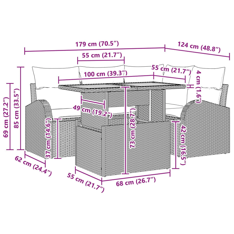 vidaXL Dārza dīvānu komplekts ar spilvenu 5 pcs Pelēka