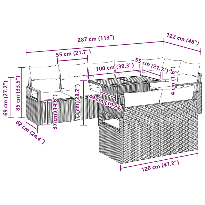 vidaXL Dārza dīvānu komplekts ar spilvenu 9 pcs Melns un Krēmkrāsa