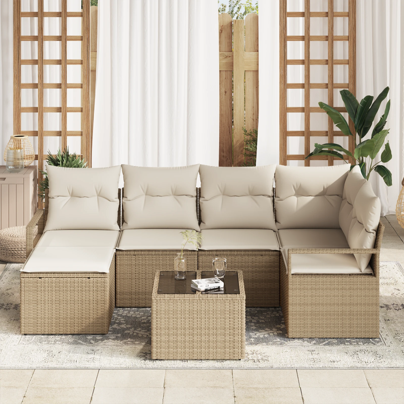 vidaXL Dārza dīvānu komplekts ar spilvenu 7 pcs Bēšs un krēms