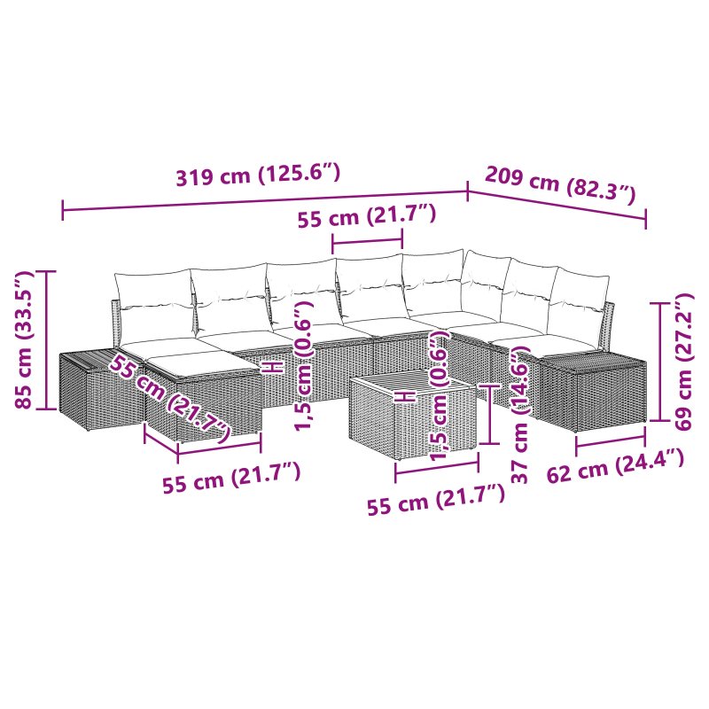 vidaXL Dārza dīvānu komplekts 9 pcs bēša un gaiši pelēka