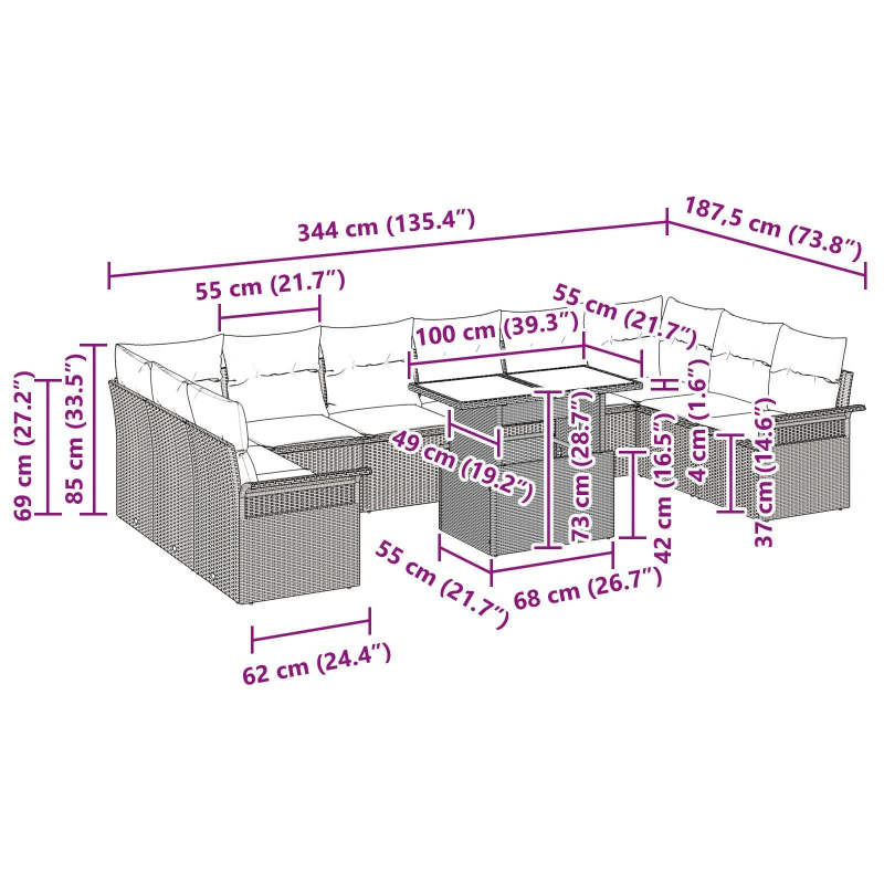 vidaXL Dārza dīvānu komplekts ar spilvenu 11 pcs Melna Polirāts