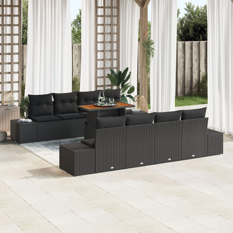 vidaXL Dārza dīvānu komplekts 9 pcs Melna Poliūtu rotangpalma