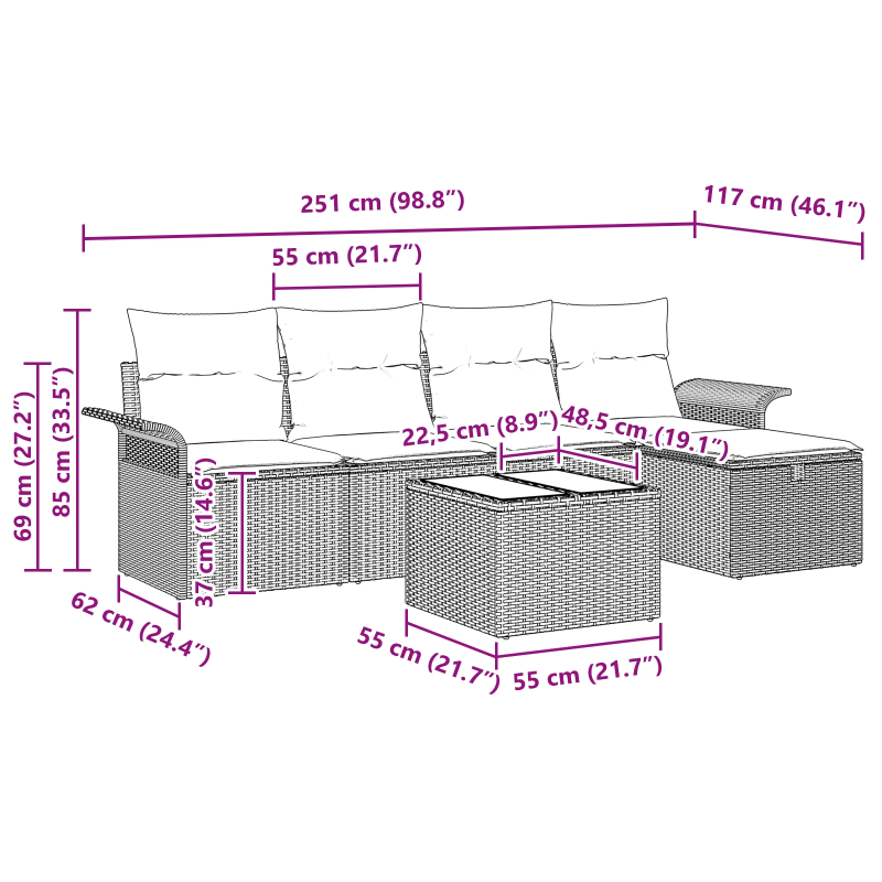 vidaXL Dārza dīvānu komplekts ar spilvenu 6 pcs Melna poliratāns