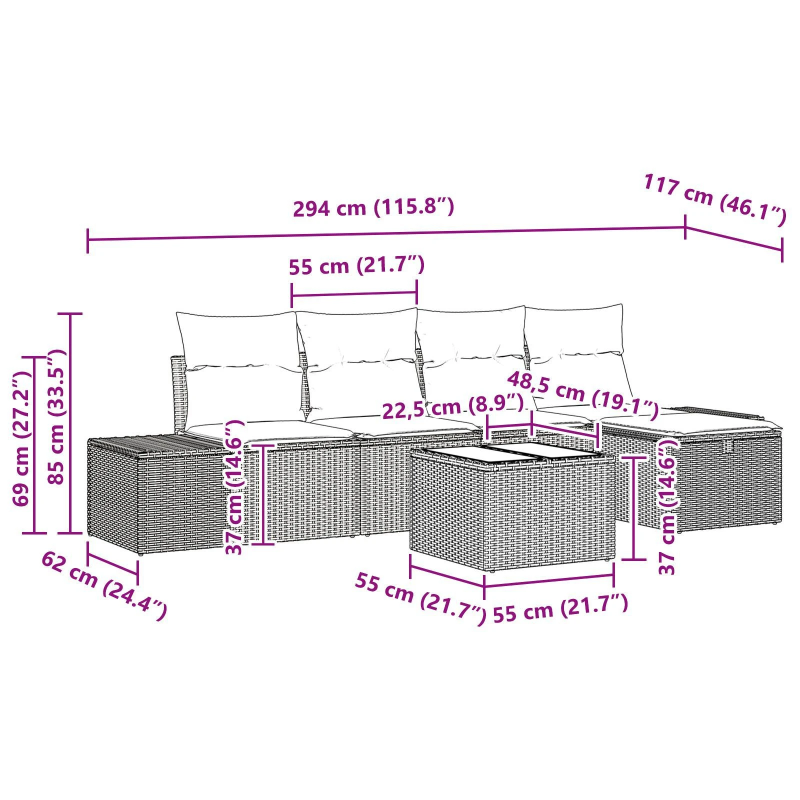 vidaXL Dārza dīvānu komplekts ar spilvenu 6 pcs Bēša poliratāns