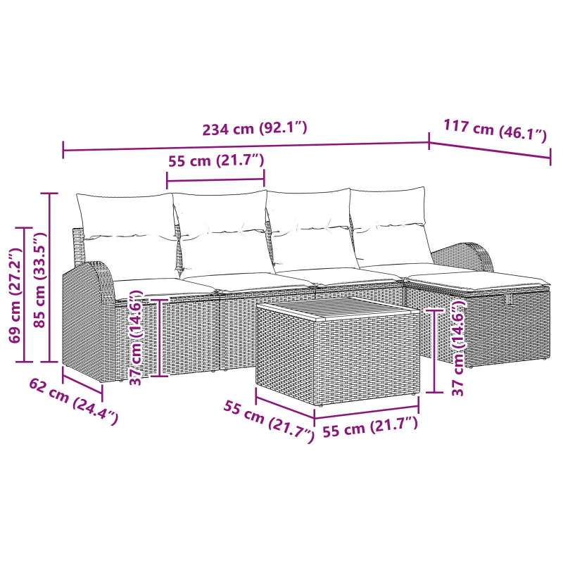 vidaXL Dārza dīvānu komplekts 6 pcs Bēša Poliūtu rotangpalma