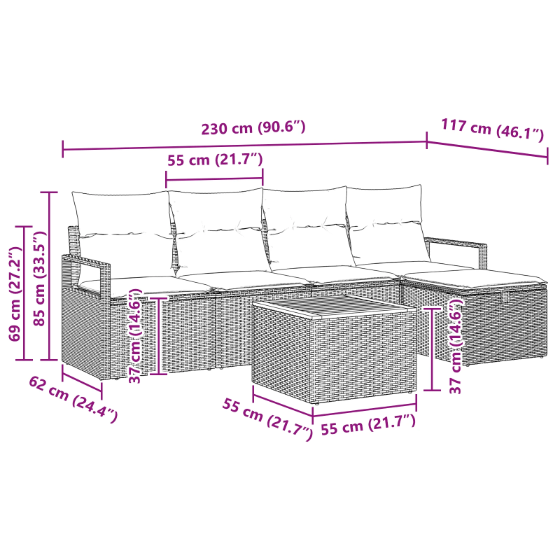 vidaXL Dārza dīvānu komplekts 6 pcs Pelēka Poliūtu rotangpalma
