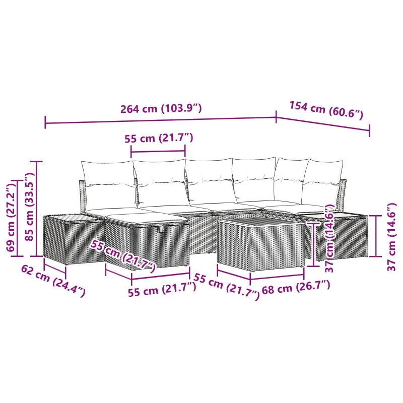 vidaXL Dārza dīvānu komplekts ar spilvenu 7 pcs Melna poliratāns
