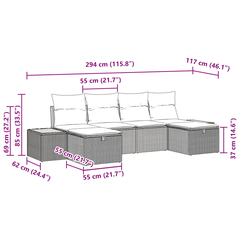 vidaXL Dārza dīvānu komplekts ar spilvenu 6 pcs Melna poliratāns