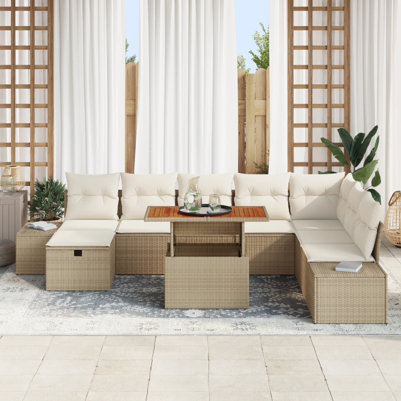 vidaXL Dārza dīvānu komplekts 9 pcs Bēša Poliūtu rotangpalma