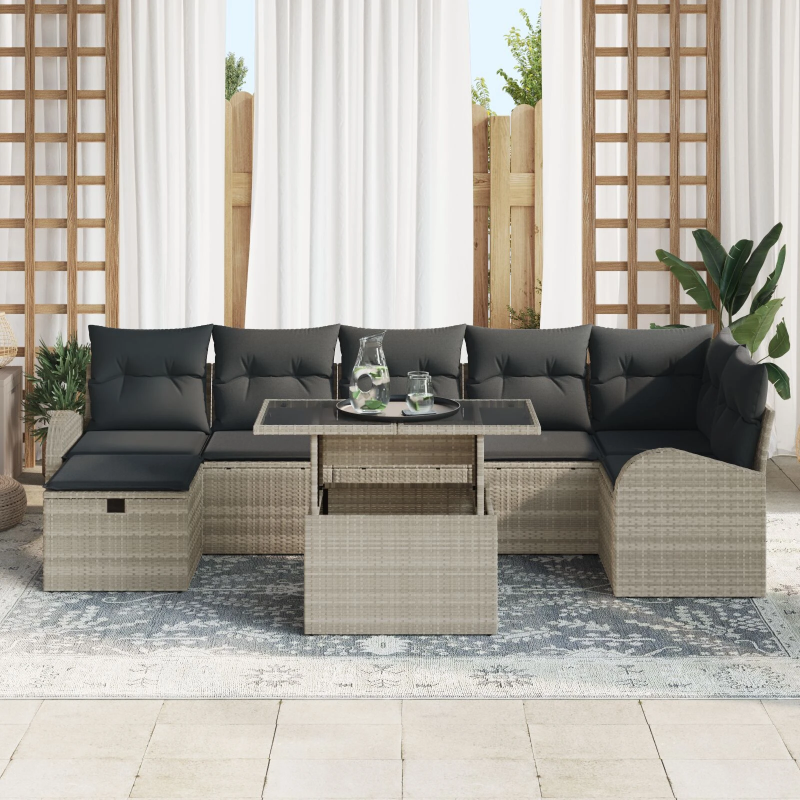 vidaXL Dārza dīvānu komplekts 8 pcs Gaiši pelēka Poliūtu rotangpalma