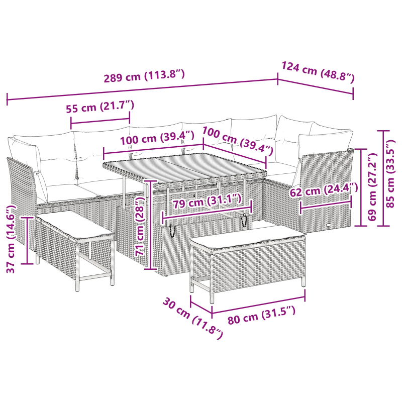 vidaXL Dārza dīvānu komplekts 9 pcs Pelēka poliratāns
