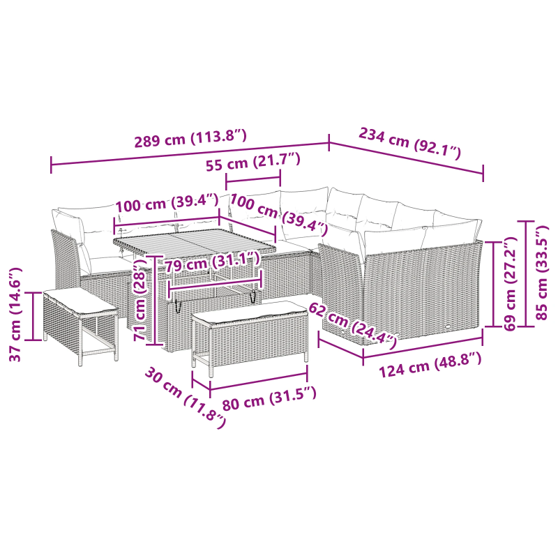 vidaXL Dārza dīvānu komplekts 12 pcs Pelēka poliratāns