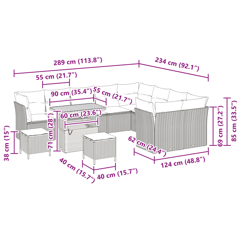 vidaXL Dārza dīvānu komplekts 12 pcs Bēša poliratāns