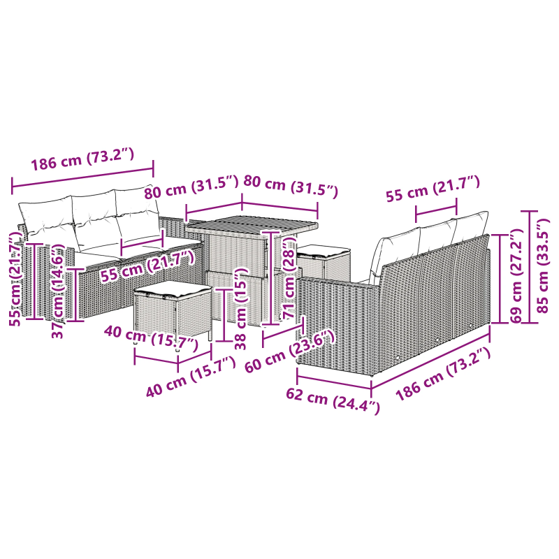 vidaXL Dārza dīvānu komplekts ar spilvenu 9 pcs Bēša poliratāns