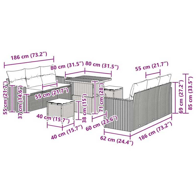 vidaXL Dārza dīvānu komplekts ar spilvenu 9 pcs Bēša poliratāns
