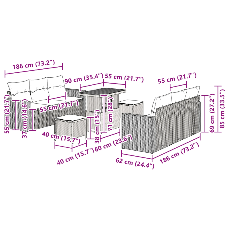 vidaXL Dārza dīvānu komplekts 9 pcs Pelēka poliratāns
