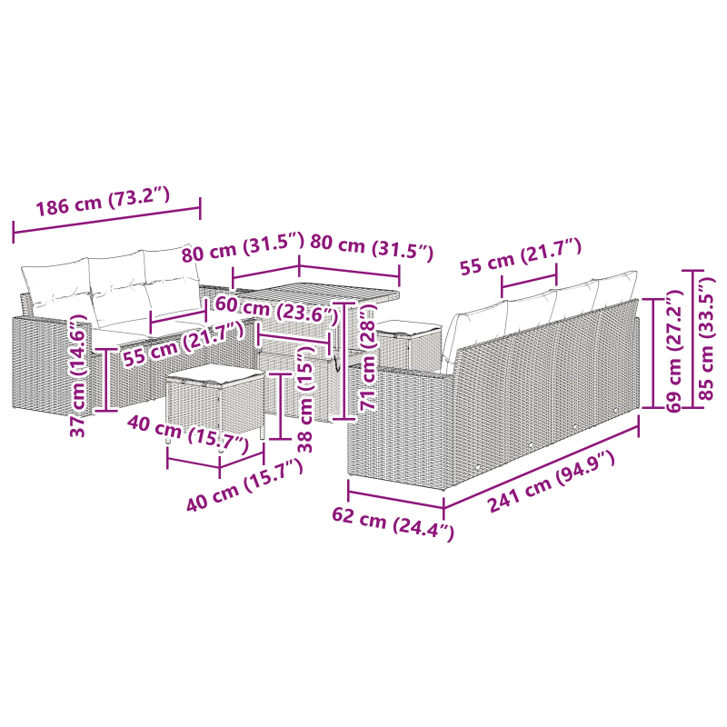 vidaXL Dārza dīvānu komplekts 10 pcs Bēša poliratāns