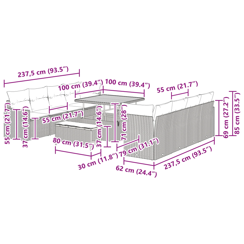 vidaXL Dārza dīvānu komplekts 11 pcs Melna poliratāns